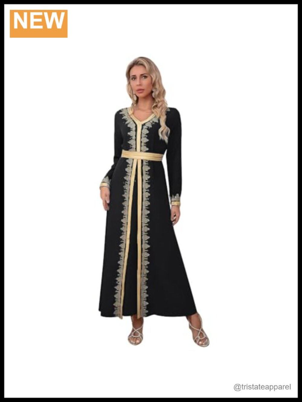Women V Neck Lace Belted Embroidered Maxi Kaftan Abaya Dress